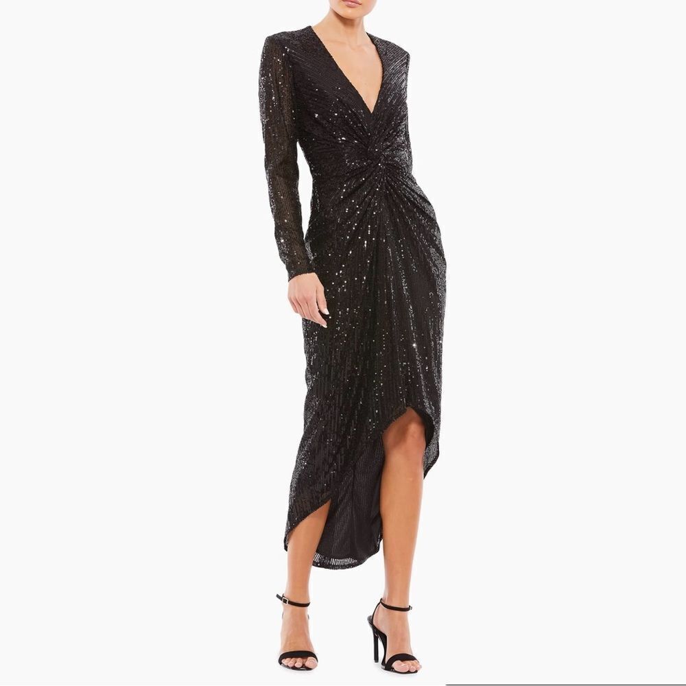 NEW MAC DUGGAL Ieena Black Sequins Knotted High Low Midi Dress 4